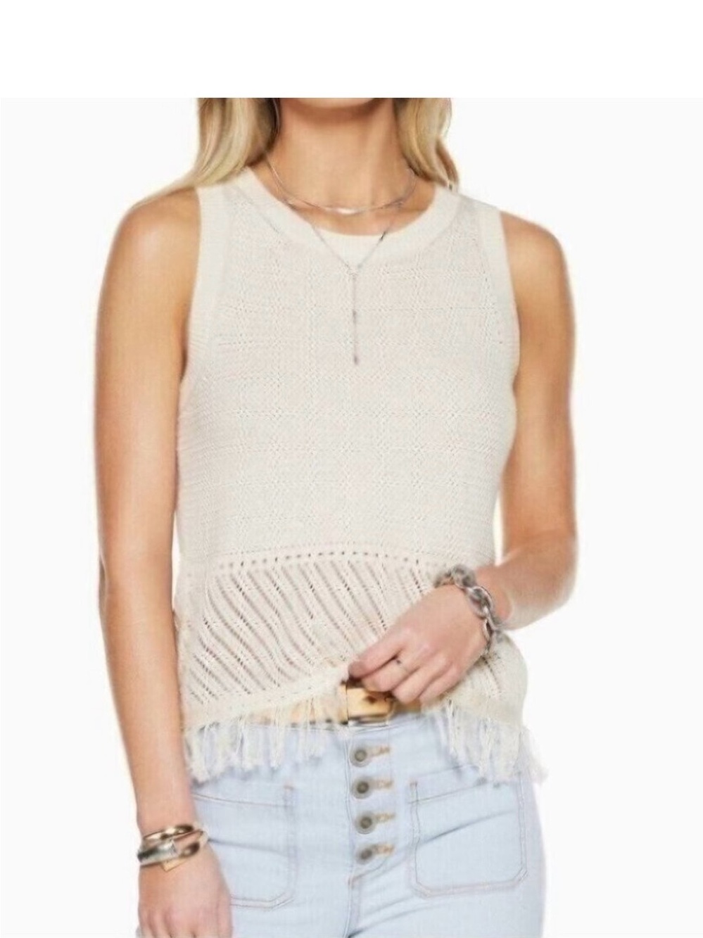 Ramy Brook Cream Knit Fringe Tank Top